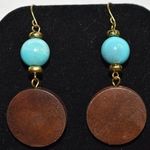 Western Vintage Blue Marble Wood Gold Tone Dangle Drop Fish Hook Earrings Photo 0