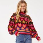 Farm Rio  Full Of Hearts Jacquard Sweater Rainbow Wool Blend Juliet Sleeves XS Photo 2