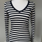 Hollister Navy White Striped V Neck Long Sleeve Tee Medium Y2K Stains Photo 0