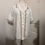 VRG GRL $132 Ricci Linen Button Blouse Shirt SKYROS White Brown Embroidered Size 6 Photo 2