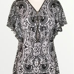 Coco Bianco  Black & White Paisley Zip Front Flutter Sleeve Top S Photo 0