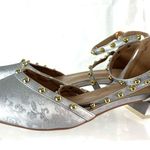 Beautiful 10 Silver Engraved Gold Studded Strap Clear Heel Event Shoes NWOT Photo 2