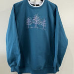 Vintage Teal Blue Double Collared Pullover Sweatshirt Winter‎ Tree Design Photo 0