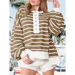 Womens Brown XXL White Stripe Waffle Long Sleeve Henley Thermal Knit Top Shirt Photo 1