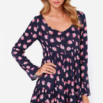 Volcom  Nevermore Navy Floral Button Up Long Sleeve Babydoll Dress Photo 0
