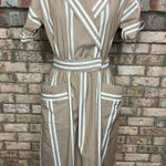 shirt dress 1950s striped pockets tan white patch pockets Size 10 Photo 0