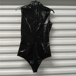 Womens Bodysuit Size Small Black Faux Leather Zip Front Biker Whimsygoth Matrix Photo 4