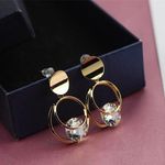 18K Gold Plated Double Circle Cubic Zirconia Dangle Drop Hoop Earrings for Women Photo 2