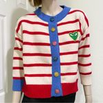 Striped Thick Knit Heart Patch 3/4 Sleeve Cropped Cardigan Sweater Red Photo 0