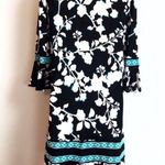 BCBGMAXAZRIA floral bell sleeve scoop neck black white ruffle shift dress Photo 2