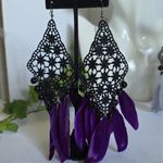 Statement Earrings Black Lace with Purple Feathers Photo 3