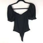 Lulus Romantic Inclination Black Ribbed Knit Puff Sleeve Bodysuit Stretch S Photo 2