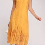 Lulus NWT  Zahria Golden Yellow Lace Button Front Midi Dress - Size Large Photo 0