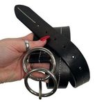 Olga Santini Women’s Size L Leather Belt Black DOUBLE OO Buckle Silver Toned Photo 0