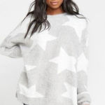 Show Me Your Mumu Show Me Your Mumu Leighanne Sweater Medium Fuzzy Star Knit Gray White Oversized Photo 0