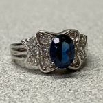 Sterling Silver 925 Oval Blue Sapphire Diamond Halo Elegant Engagement Ring Photo 2