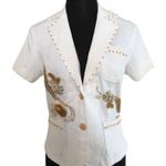 Cache White Denim Top Jacket Beads Sea Shells Embellished $138 NWT Front Button Photo 0