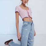 LA Hearts L.A. Hearts Pink/White Crop Crochet Lace-Up Cardigan Photo 2