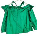 J.Crew  | Blouse 00 Jade Green Ruffled Off-The-Shoulder Tie-Neck Peasant Sleeve Photo 4