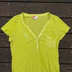 Anthropologie Bright Lime Green/Yellow V-Neck Short Sleeve Shirt w/ Button Neck Photo 1