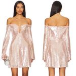 Self Portrait Long Sleeve Sequin Off Shoulder Mini Dress In Beige Photo 1