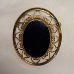 12k Gold Filled Round Catamore Oval Onyx Filigree Framed Designer Brooch Pin Photo 1