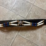 Vintage Beaded Leather Belt with Blue and Red Accents Black Photo 1