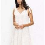 Loft  Bow Strap Button Front Linen Stripes Flounce Dress Ivory Multi-Color Medium Photo 1