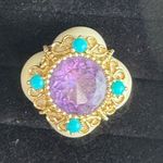 14K RARE Yellow Gold Bezel Amethyst Turquoise Quatrefoil White Agate Ring S 6.5 Photo 2
