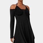 Halara  Off Shoulder Halter Backless Thumb Hole Mini Dress Black S Photo 0