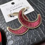 BaubleBar Sugar Fix  Pierced Earrings Gold Tone Maroon Red Half Moon Hoop NWT Photo 5
