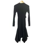 EXPRESS  Black Ribbed Knit Long Sleeve Mock Neck Asymmetric Sweater Midi Dress M Photo 2