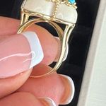 14K RARE Yellow Gold Bezel Amethyst Turquoise Quatrefoil White Agate Ring S 6.5 Photo 7