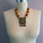 Handmade Vintage authentic African tribal necklace with metal center amber colored beads Photo 4