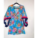 Trina Turk Cover Up Dress Blue Tahiti V Neck Floral Cape Sleeve Resort Swim M Photo 5