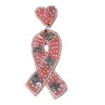 Pink Ribbon Earrings Heart Beaded Sequin Dangle Drop Breast Cancer Awareness Photo 2