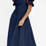 FANM MON Alanya 100% Linen Embroidered Dress Off The Shoulder Navy Small New Blue Photo 0