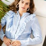 The Shirt by Rochelle Berens Ruffle Striped Shirt Size Small Blue Photo 1