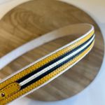 Vintage Italy Made Yellow Navy Stripe Belt With Gold Buckle Size Medium Photo 4