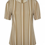 Liz Claiborne  Striped Top Women’s Lg Tan White Puff Pleated Sleeve Soft Office Photo 0