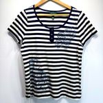 Ralph Lauren Lauren  Navy Blue & White Striped Tee Beaded & Sequined Paisleys L Photo 0