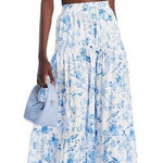 AQUA  Sleeveless Square Neck Blue Toile Crop Top & Midi Tiered‎ Skirt  Size L NWT Photo 0