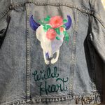 EXPRESS Large Hand-painted Denim Jacket, Western Floral Cowskull Photo 2