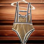 Nightwalker Tan White Caged Strappy Back Striped Trim Bodysuit Top Juniors Large Photo 2