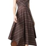 prAna Women's Saxon Dress Midi Red Clay Black Stripe V-Neck Handkerchief Hem M Photo 0