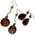 Vintage Boho Copper Amber Glass Teardrop Pierced Spiral Earrings Set Fall Colors Brown Photo 0