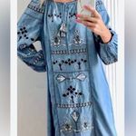 ZARA  TRF collection denim shirt dress embroidered tribal southwestern Small Photo 0