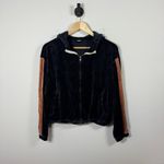 Monrow Women’s Velour Sporty Stripe Full Zip Hoodie in Neptune/Rose Size S/M Blue Photo 2