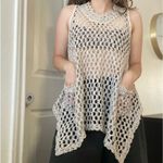 Vintage Y2K Open Crochet Knit‎ Asymmetric Beach Overthrow Size Medium Pockets Tan Photo 1
