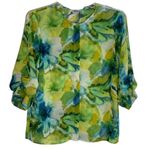 Camicia Donna Top Blouse Italian Floral Watercolors Button Tab Medium NEW Green Photo 0